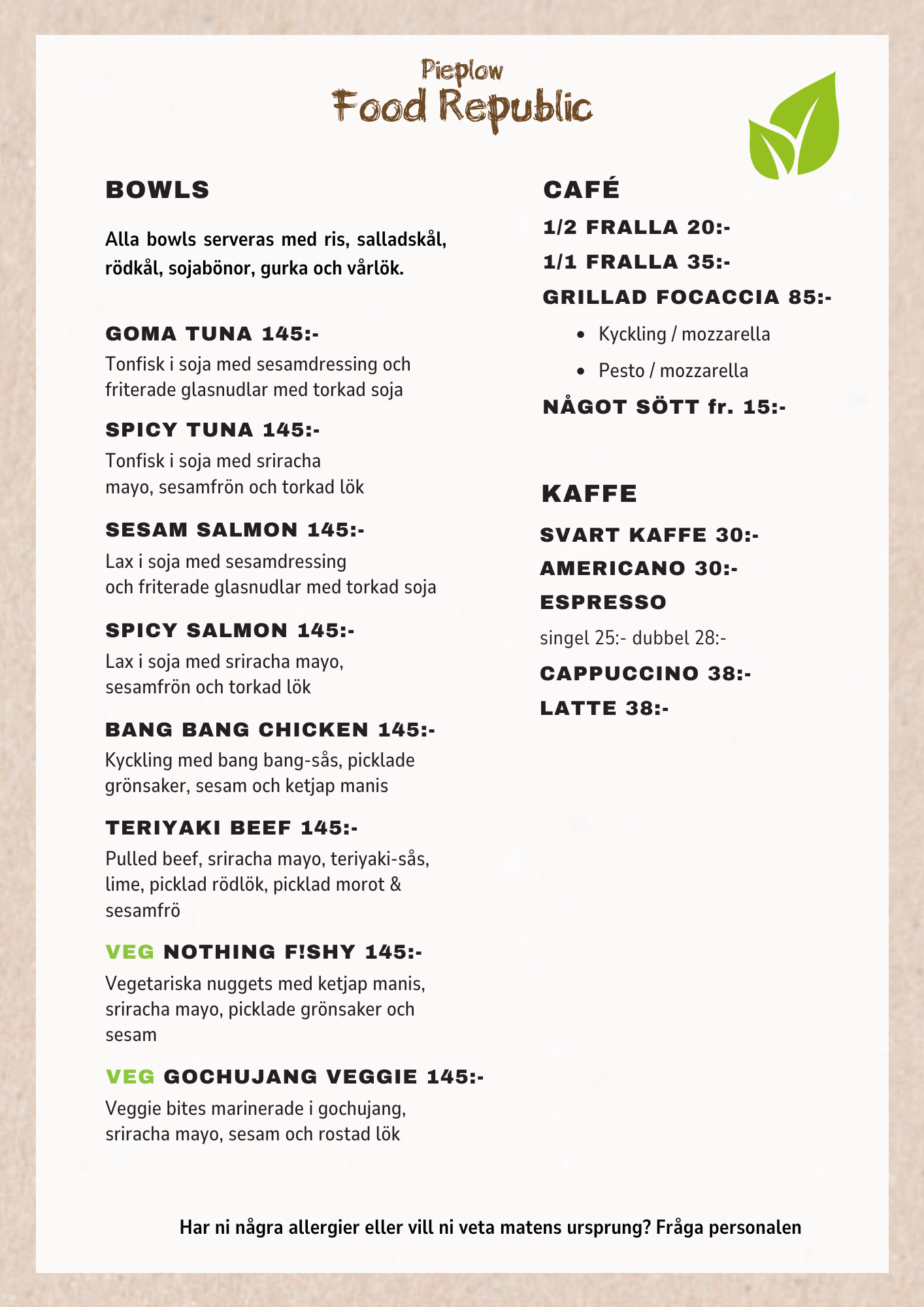 food republic meny för lunch bowls och sallad och kaffe i malmö